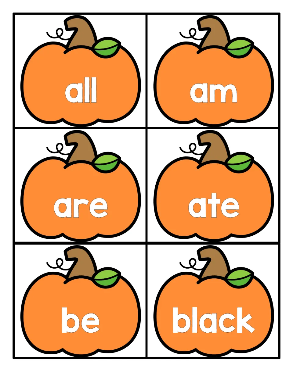 Primer sight words all, am, are, ate, be and black on six pumpkin flashcards that students cut apart and read aloud