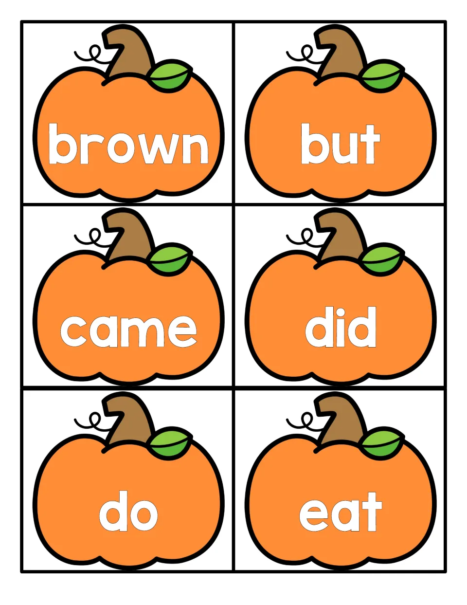 Sight word recognition: pumpkin cards for brown, but, came, did, do and eat for students to cut out and read on sight