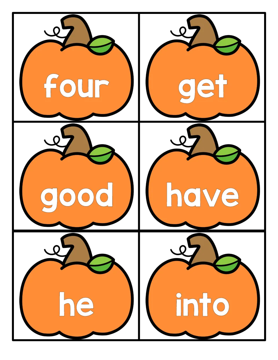 Pumpkin flashcards showing four, get, good, have, he and into so students practise reading high-frequency words by sight