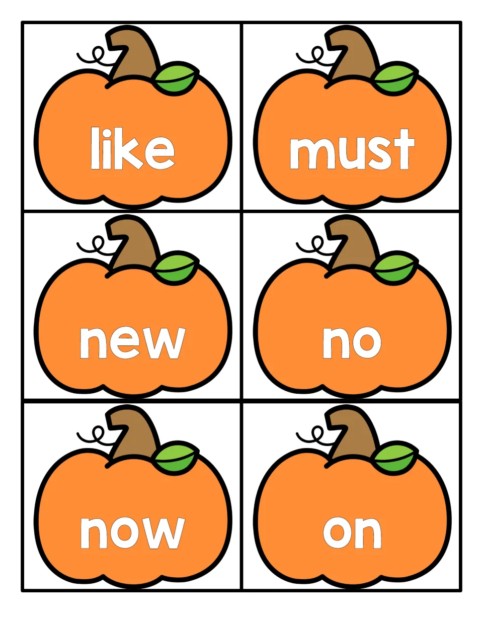 Reading high-frequency words: six orange pumpkin cards printed with like, must, new, no, now and on to cut apart and read