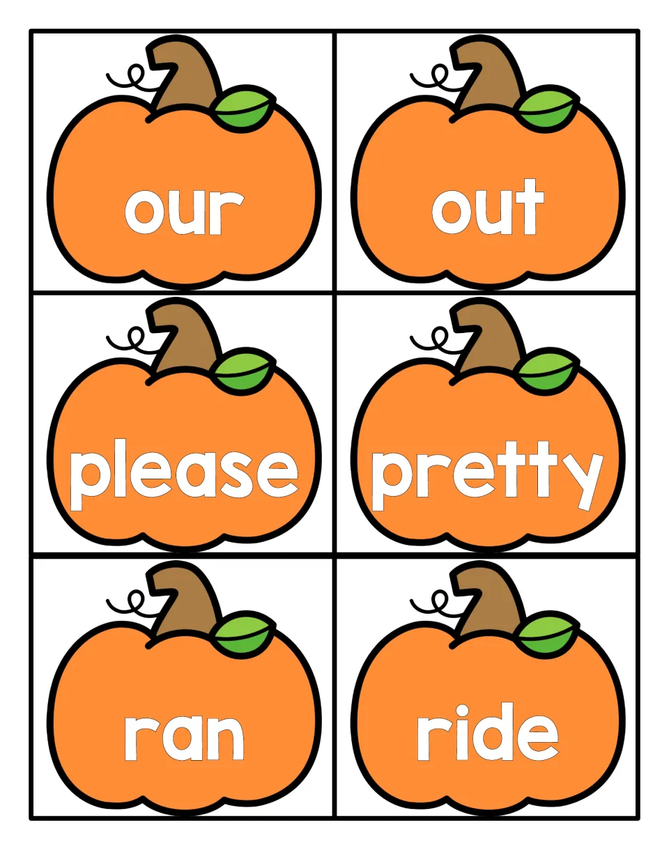 Primer word cards on pumpkins for our, out, please, pretty, ran and ride; students cut them out and read each word quickly