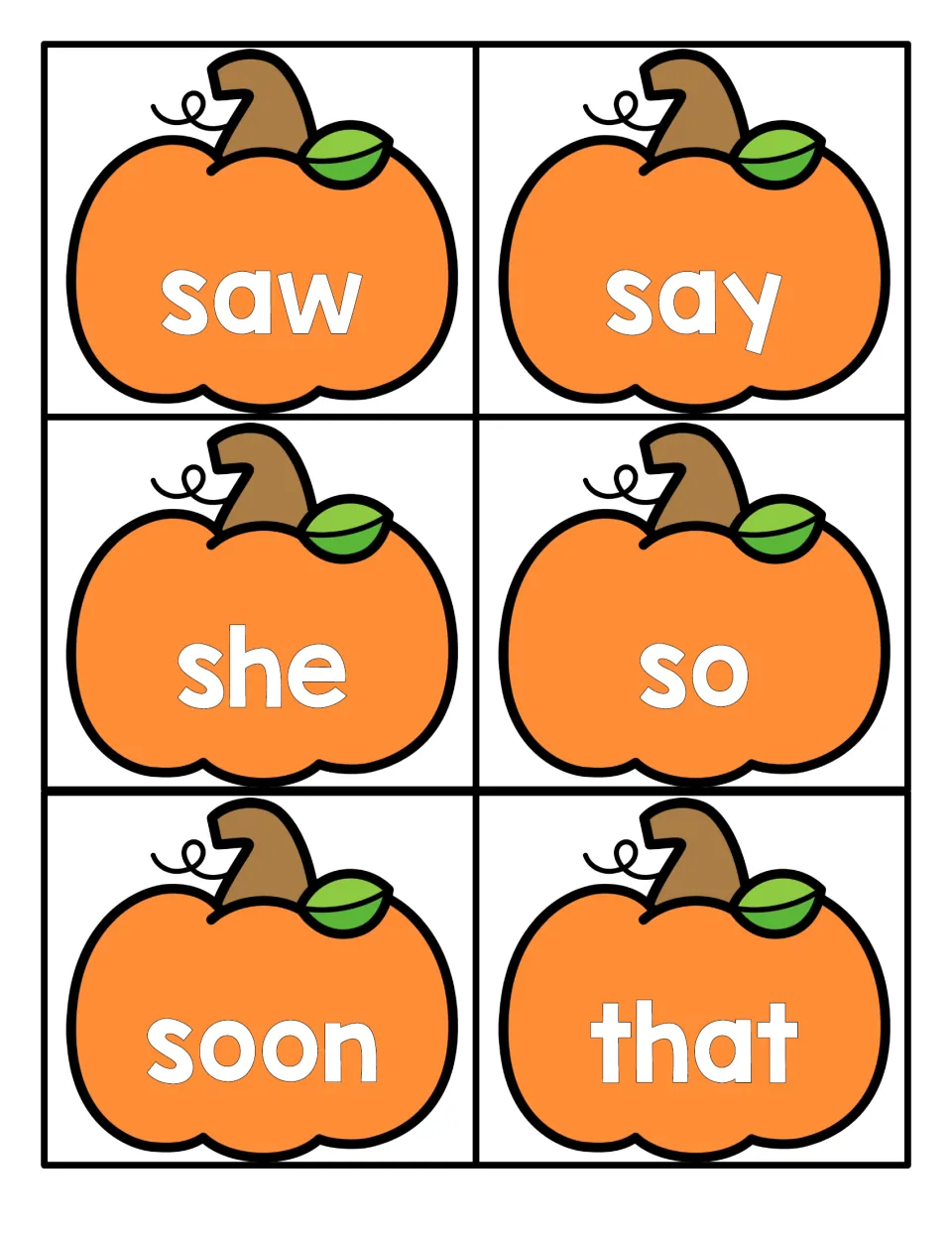 Sight word practice cards: pumpkins labeled saw, say, she, so, soon and that for students to cut out and read by sight