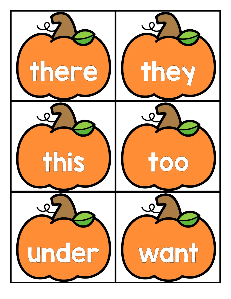 Pumpkin word cards for there, they, this, too, under and want, which students cut apart and read for quick word recognition