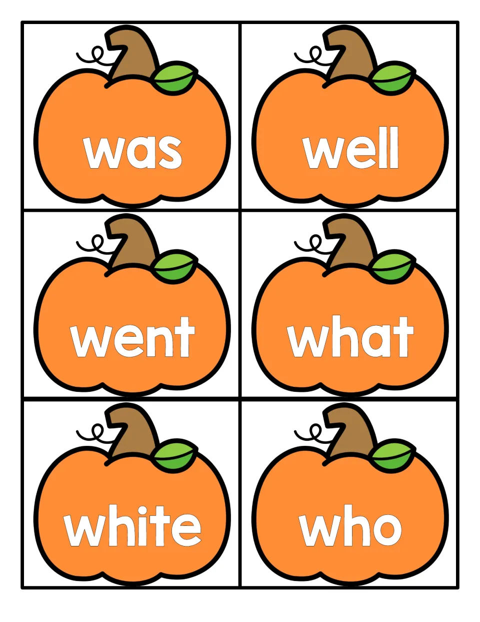 High-frequency word flashcards on pumpkins: was, well, went, what, white and who for students to cut out and read aloud