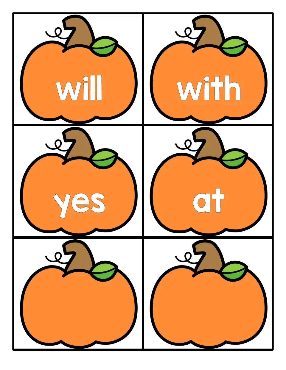 Final pumpkin cards for will, with, yes and at, plus two blank pumpkin cards for adding sight words to practise reading