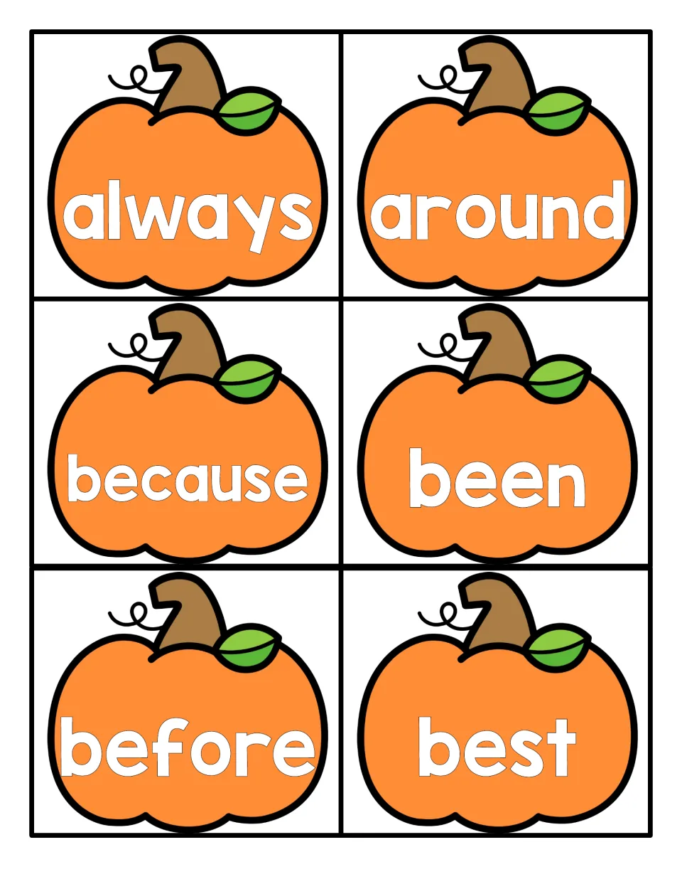 Sight word reading: always, around, because, been, before and best, each printed on an orange pumpkin flashcard