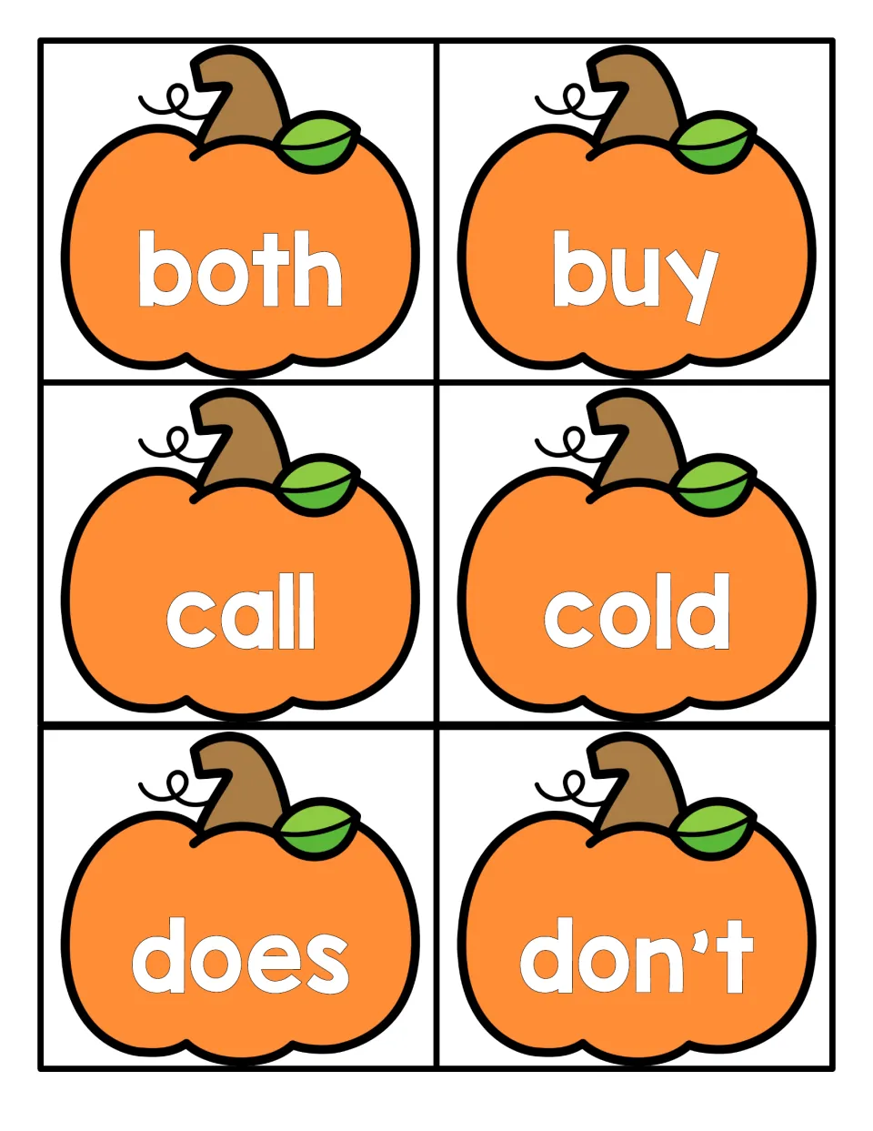 Sight word reading: both, buy, call, cold, does and don't on six pumpkin flashcards for students to read on sight