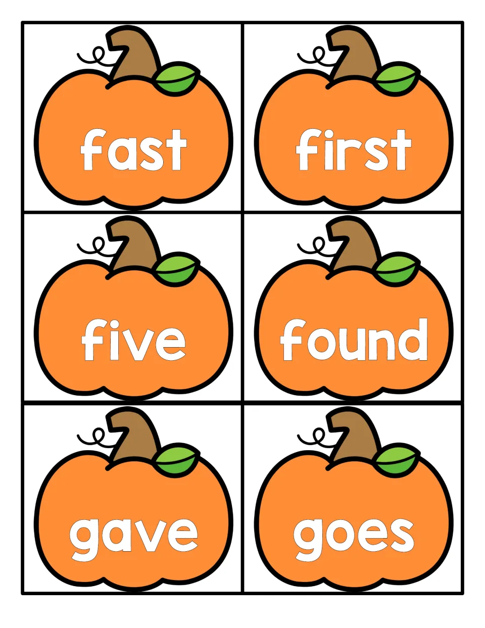 Sight word reading: fast, first, five, found, gave and goes on pumpkin flashcards for practising word recognition