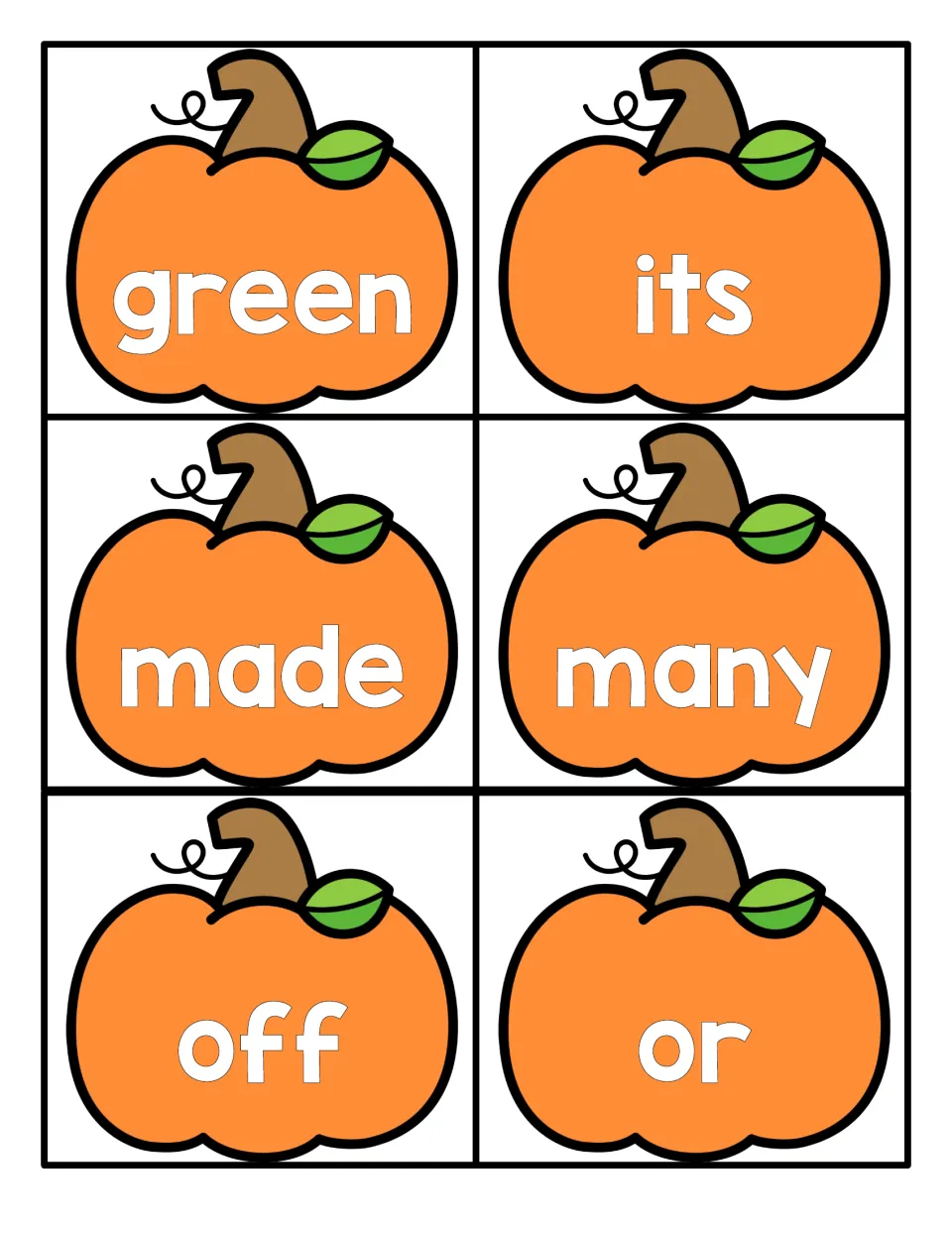 Sight word reading: green, its, made, many, off and or, each word on a pumpkin flashcard to read quickly by sight