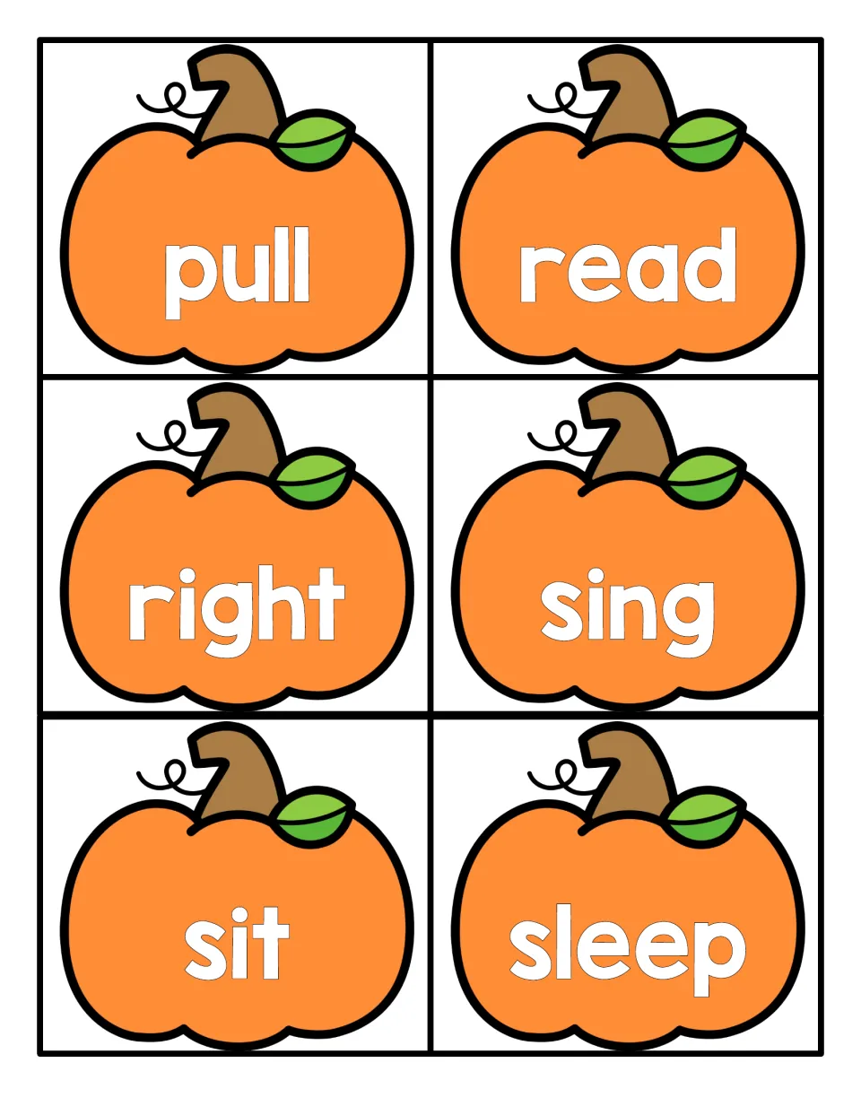 Sight word reading: pull, read, right, sing, sit and sleep on six orange pumpkin flashcards for word recognition