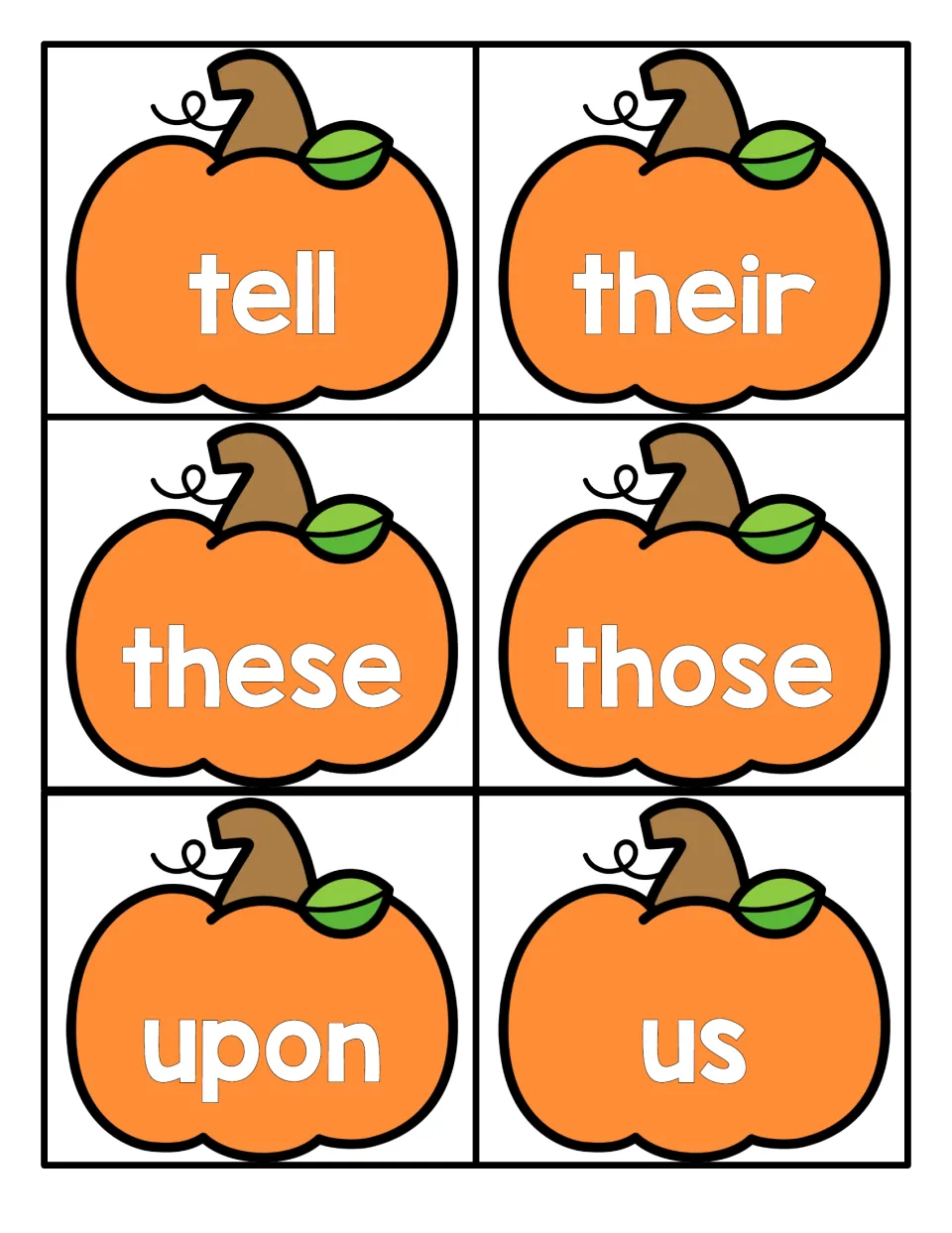 Sight word reading: tell, their, these, those, upon and us on pumpkin flashcards, practising quick recognition