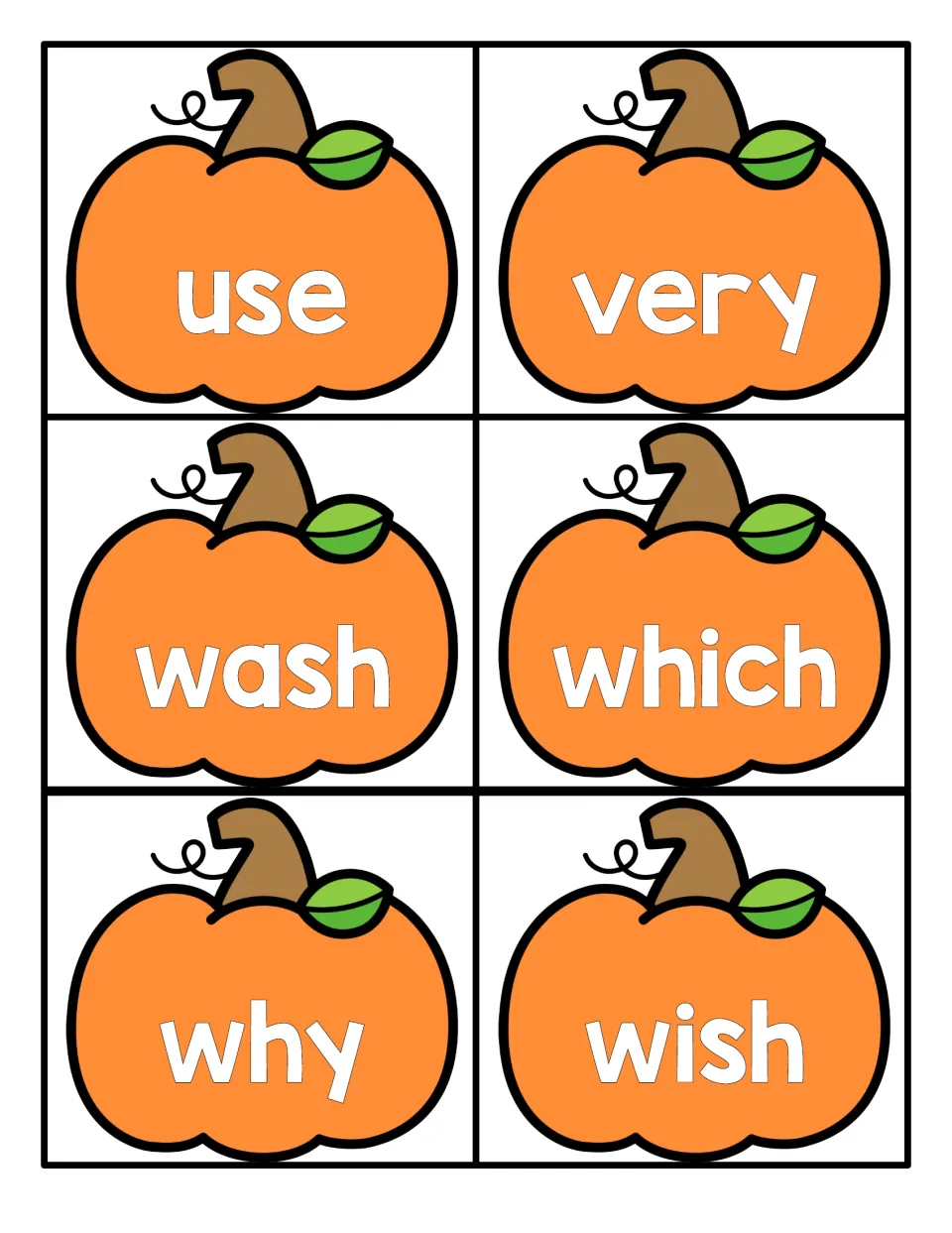 Sight word reading: use, very, wash, which, why and wish, each shown on a pumpkin flashcard for reading by sight