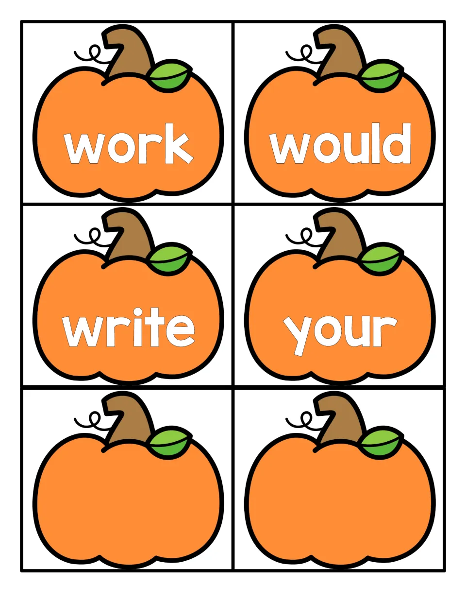 Sight word reading: work, would, write and your on pumpkin flashcards, plus two blank pumpkin cards with no word