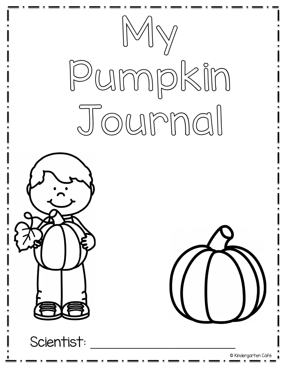 Black-and-white pumpkin journal cover titled 'My Pumpkin Journal,' with a child, pumpkins, and Scientist label
