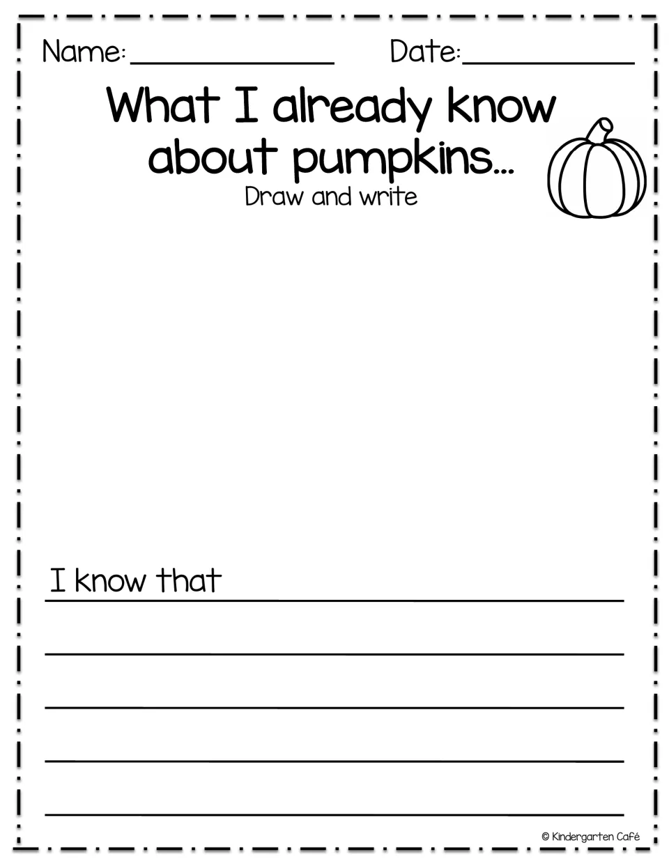Pumpkin journal activity titled 'What I already know about pumpkins...' with drawing and an 'I know that' prompt
