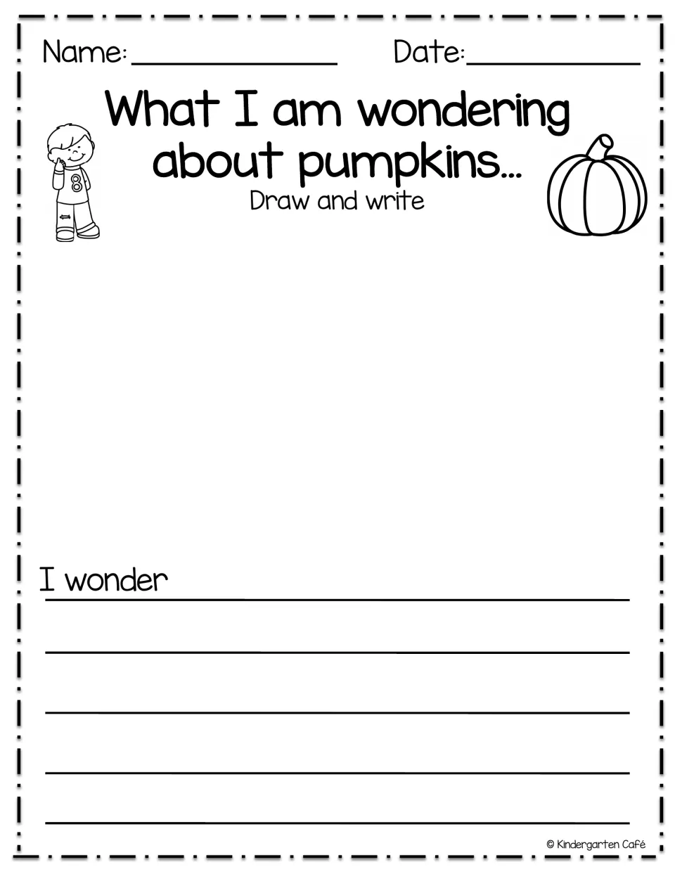 Pumpkin journal activity titled 'What I am wondering about pumpkins...' with drawing and an 'I wonder' prompt