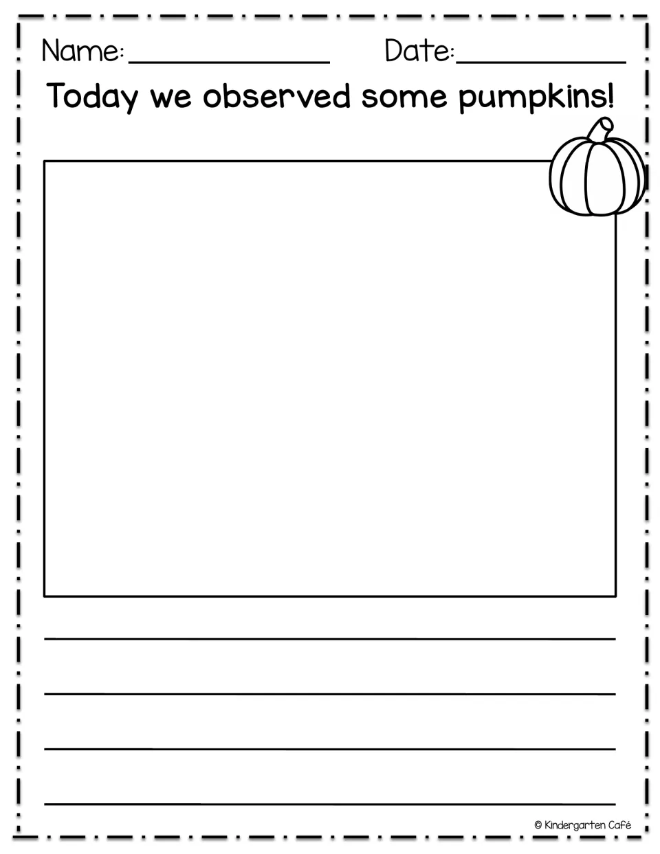 Pumpkin journal observation entry headed 'Today we observed some pumpkins!' for a drawing and written notes