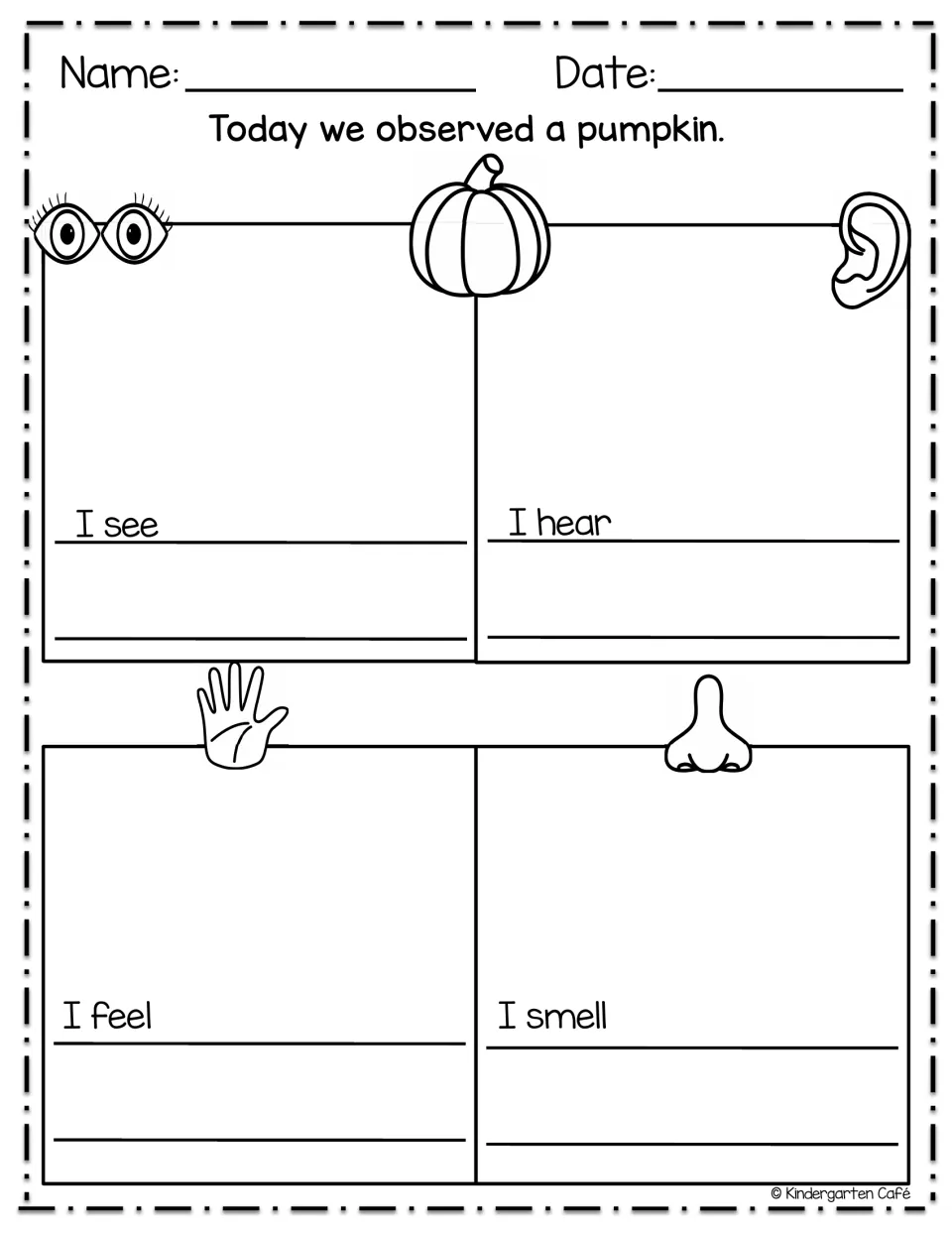 Pumpkin journal sensory observation activity with four prompts: 'I see,' 'I hear,' 'I feel,' and 'I smell'