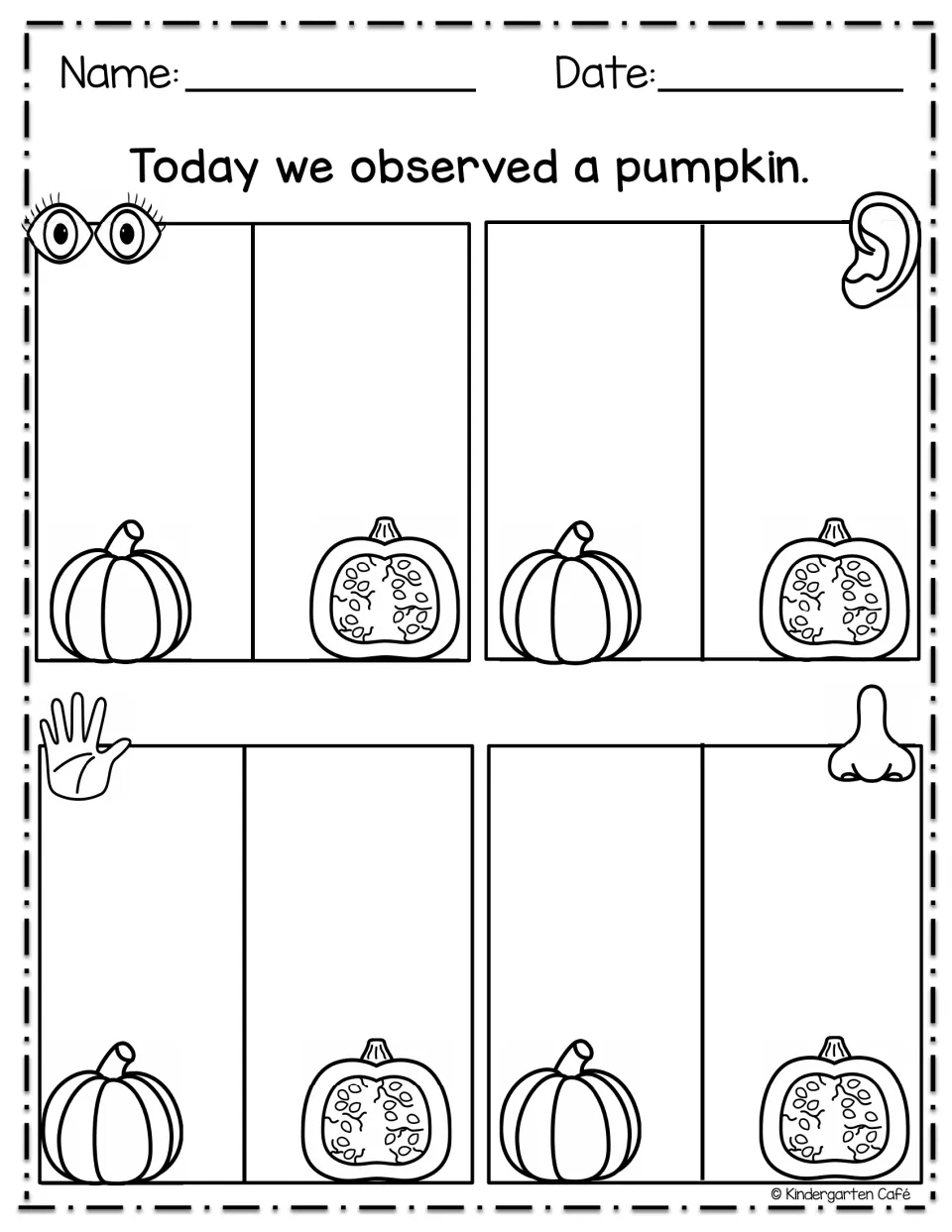Pumpkin journal activity comparing a whole and cut pumpkin through sight, hearing, touch, and smell