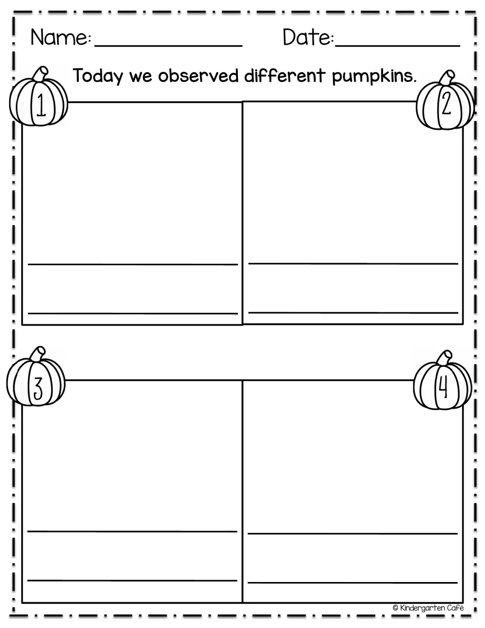 Pumpkin journal comparison activity headed 'Today we observed different pumpkins,' for pumpkins 1 through 4