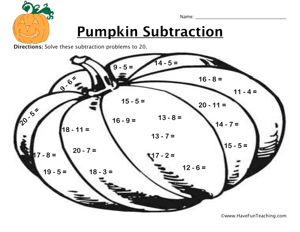 Subtraction practice sheet: 20 problems within 20, including 9 - 6, 14 - 5, 18 - 11, and 17 - 2.