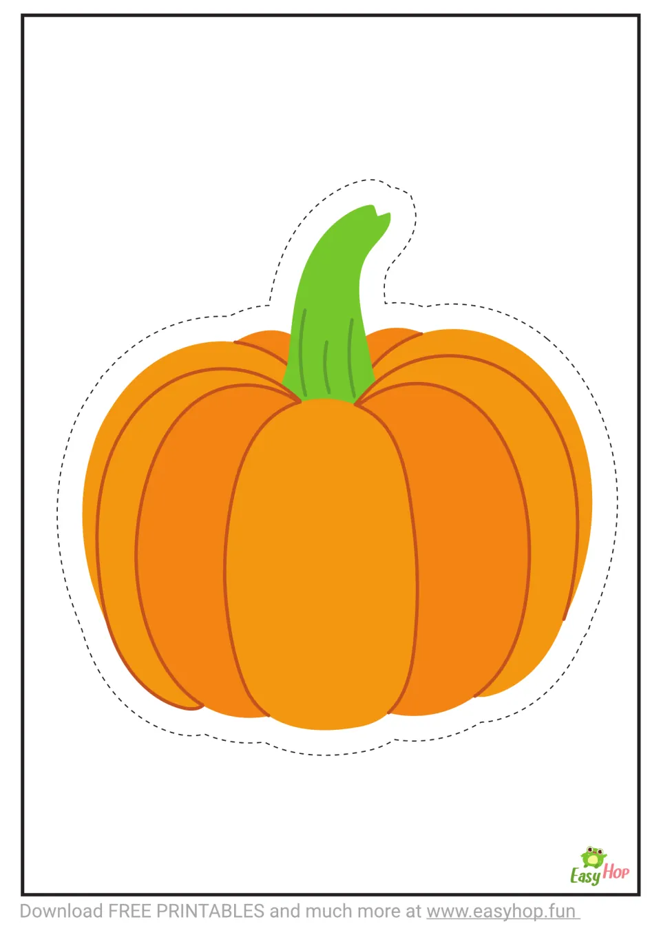 Cutting template: one large orange pumpkin with a green stem and a dashed cutting guide for scissor practice