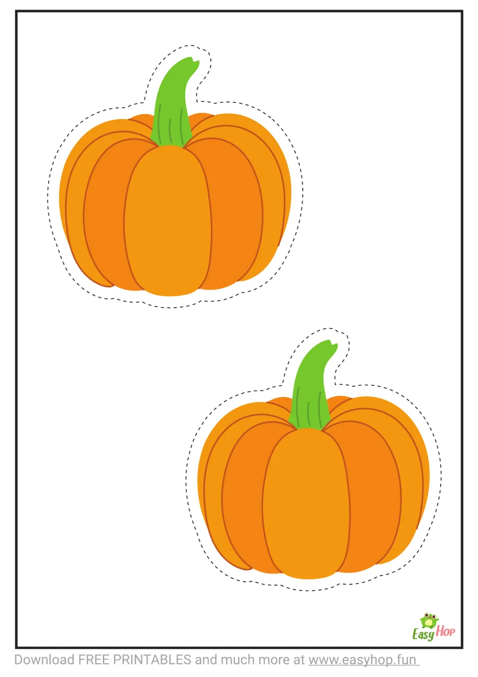 Cutting template: two medium orange pumpkins with green stems and dashed cutting guides for scissor practice