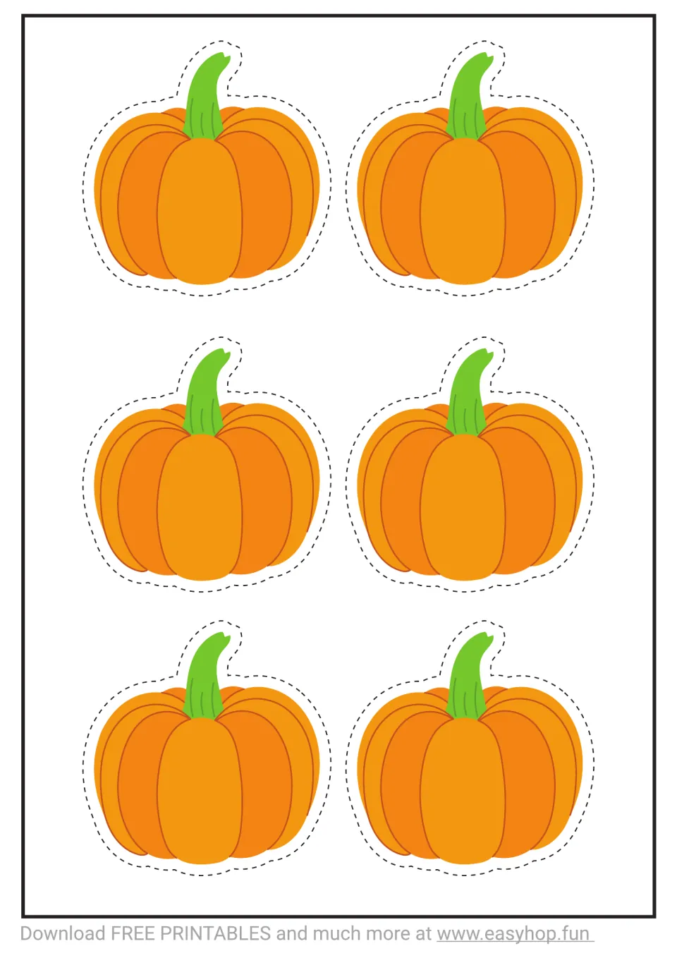 Cutting template: six small orange pumpkins with green stems and dashed cutting guides for scissor practice