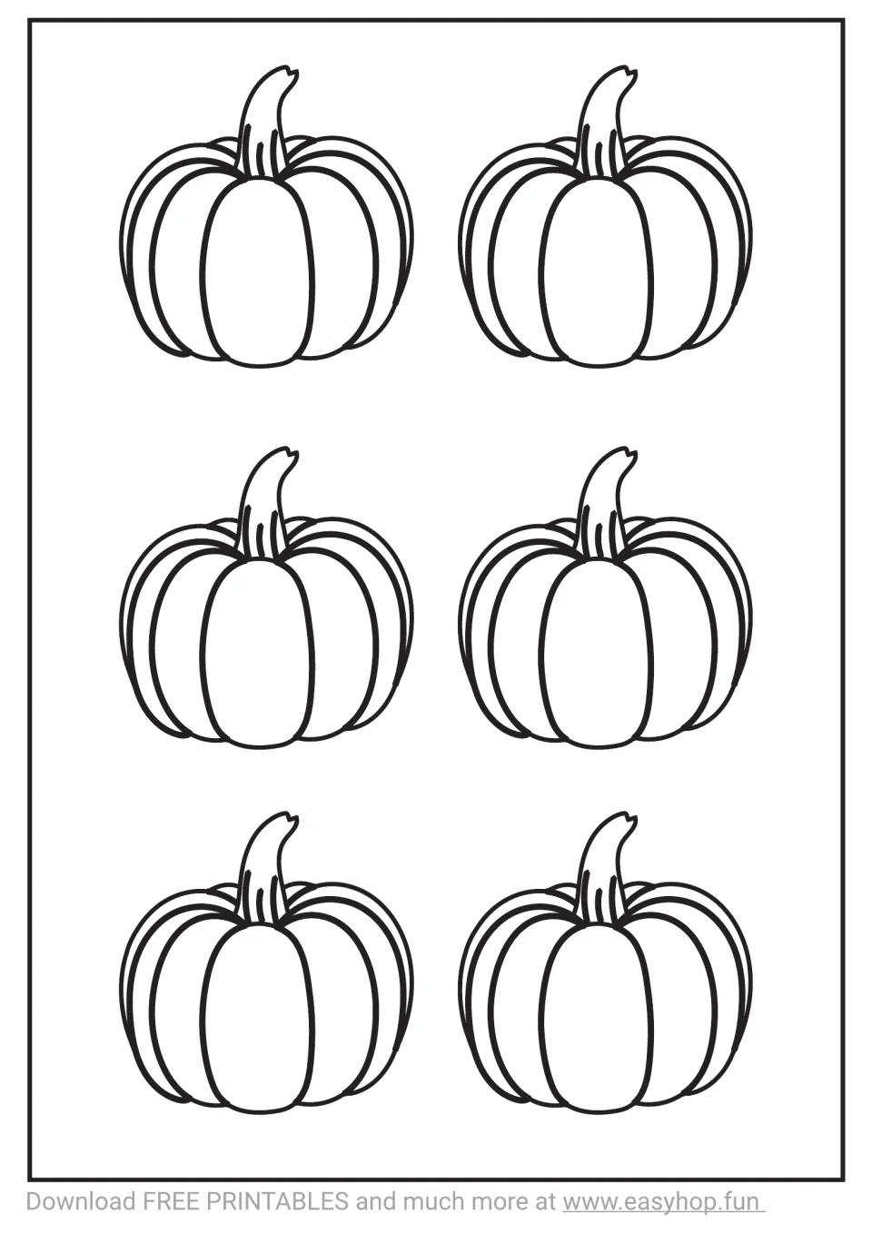 Coloring template: six small pumpkins with curved stems and uncolored sections for the set's coloring activity