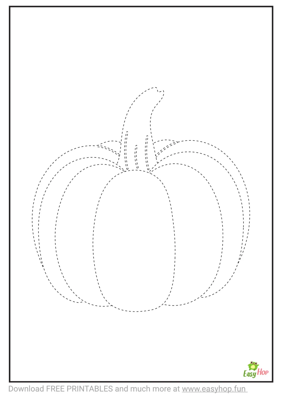 Tracing template: one large pumpkin with dashed contours around its body, curved stem, and inner sections