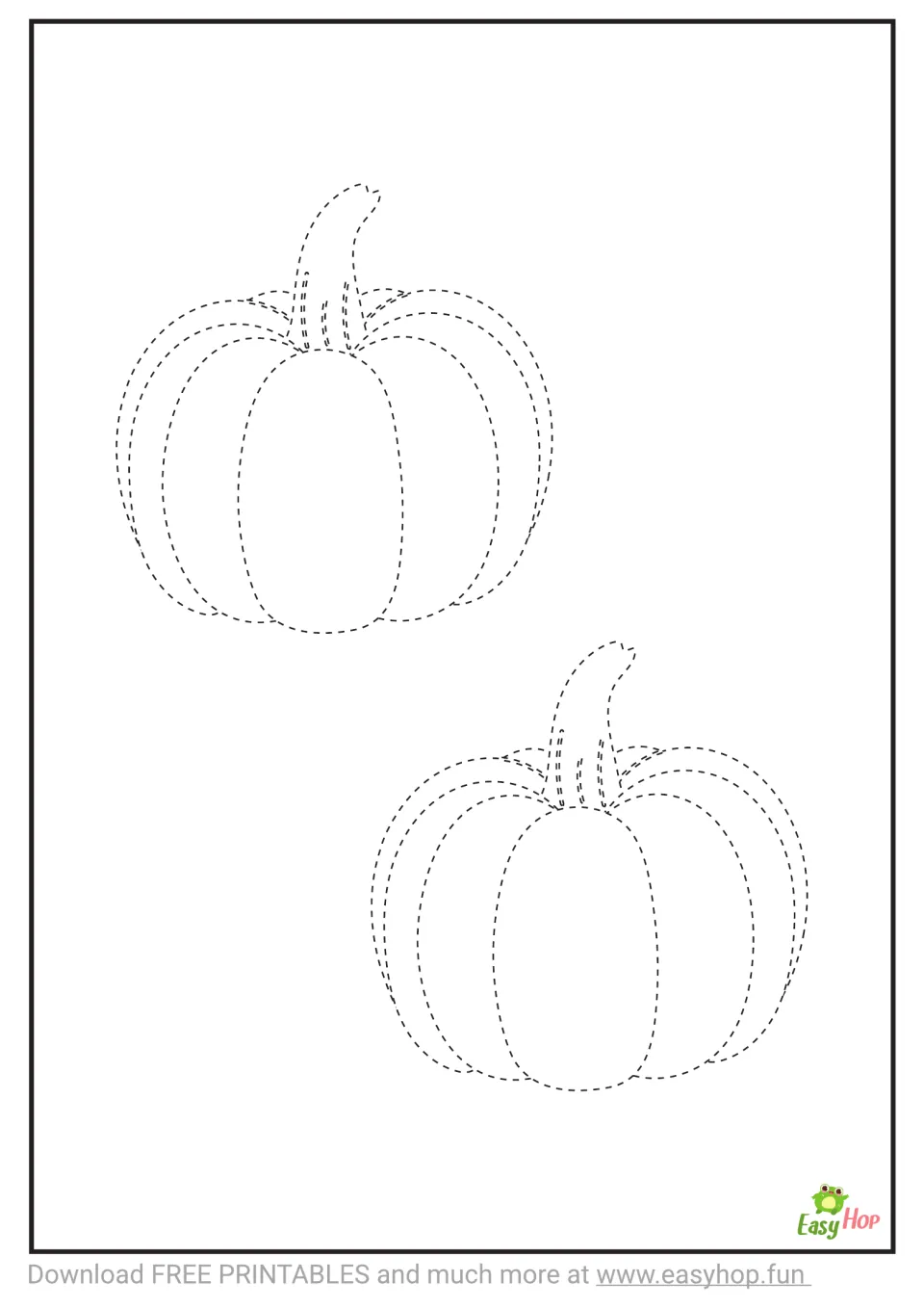 Tracing template: two medium pumpkins with dashed contours around their bodies, curved stems, and inner sections