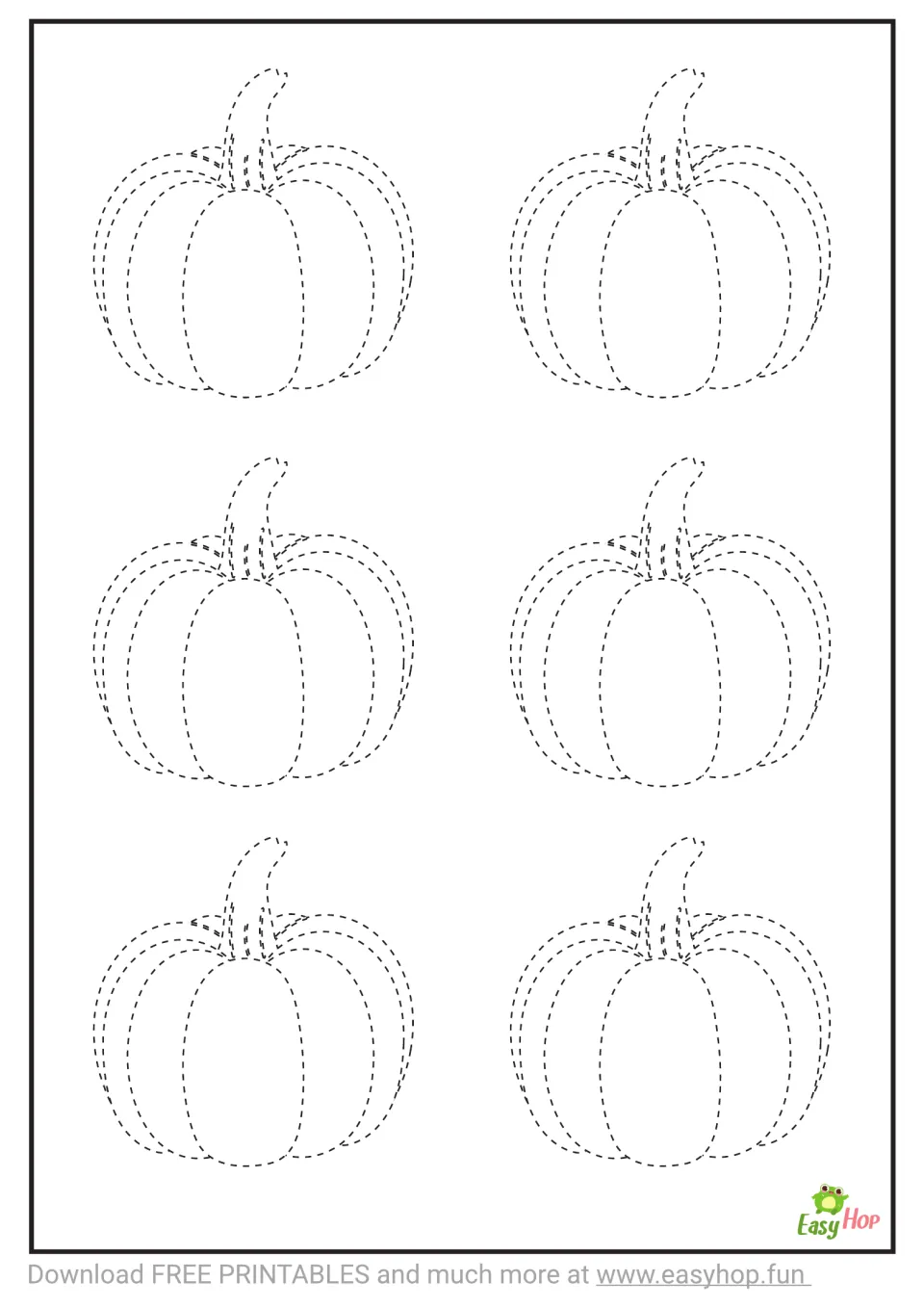 Tracing template: six small pumpkins with dashed contours around their bodies, curved stems, and inner sections