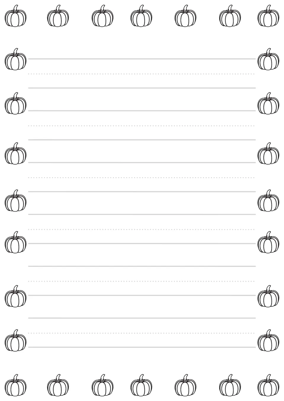 Pumpkin-themed preschool writing paper, the black-and-white version for early handwriting practice