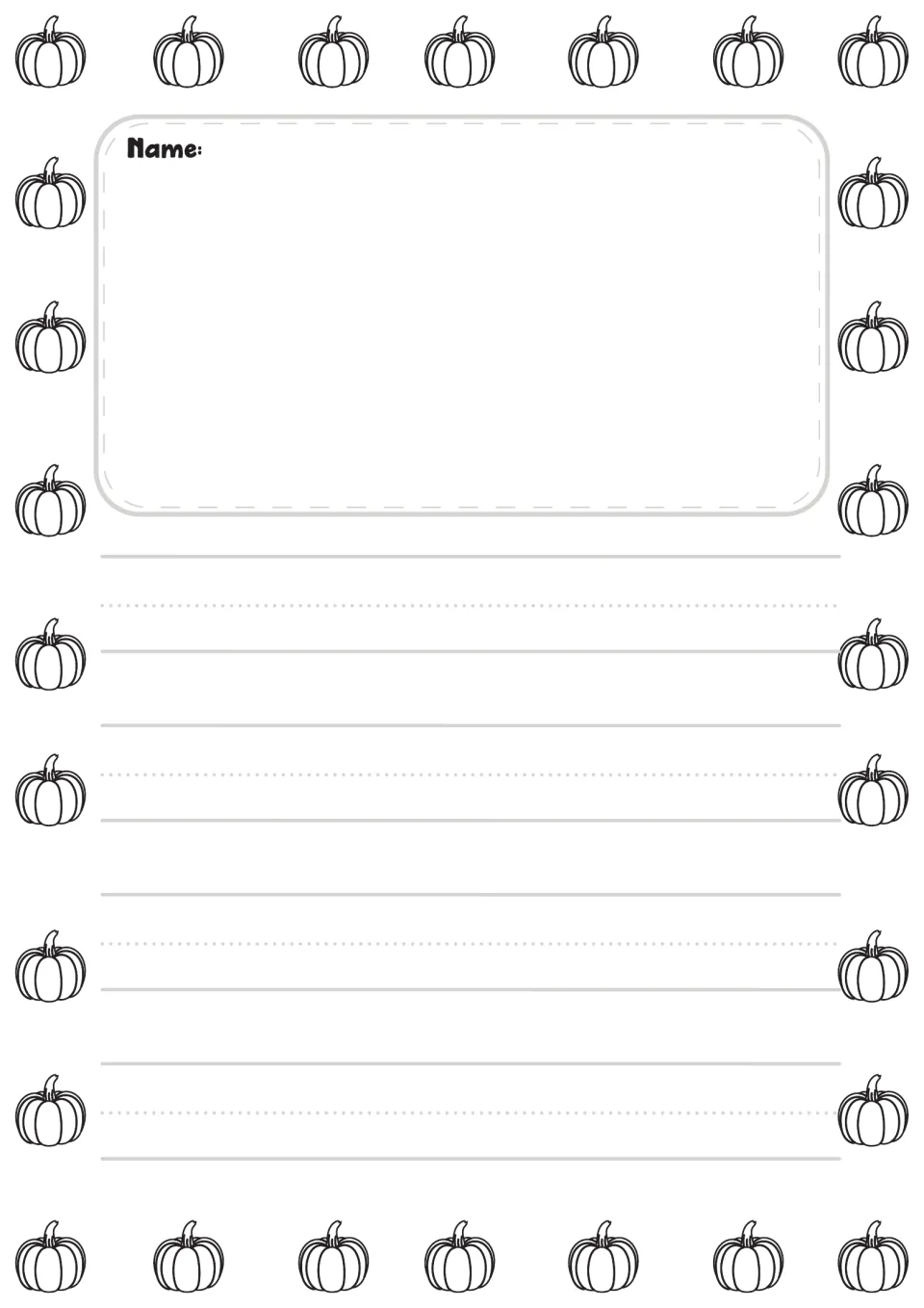 Pumpkin-themed preschool drawing and writing paper labeled Name, presented in the black-and-white version
