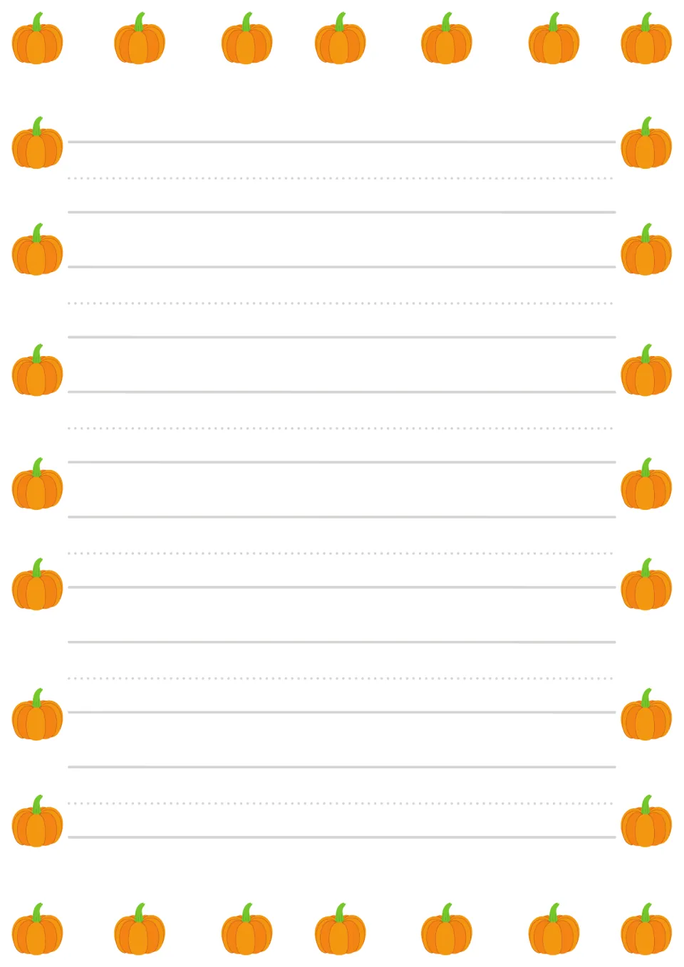 Pumpkin-themed preschool writing paper, the color version for early handwriting practice in this set