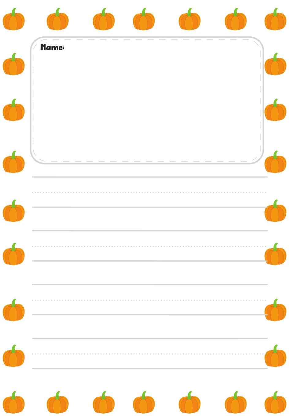 Pumpkin-themed preschool drawing and writing paper labeled Name, presented in the color version