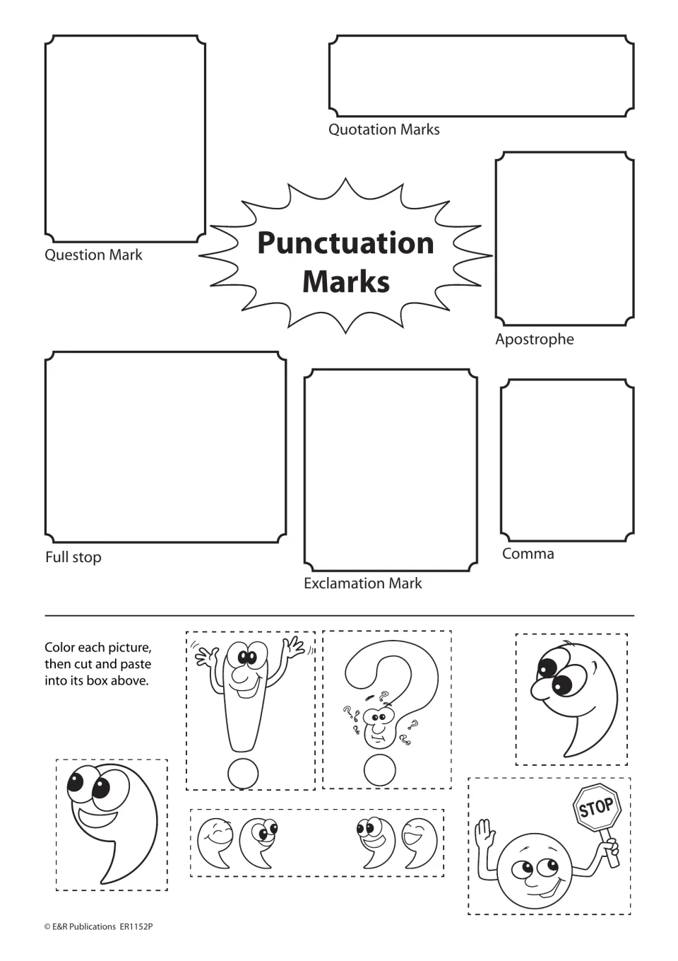 Punctuation matching activity: color, cut, and paste six symbols under names including comma and question mark.