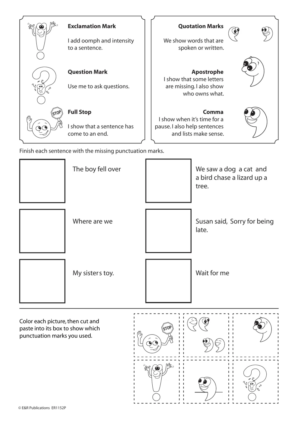 Punctuation reference and practice: complete six sentences, including “Where are we,” then match symbol cutouts.