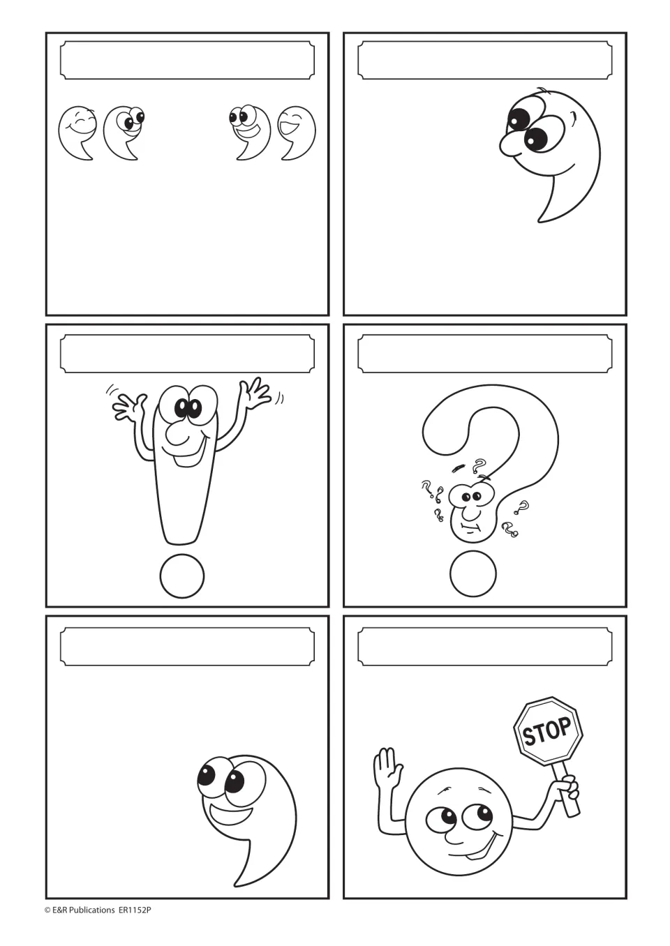 Six punctuation picture cards to label: quotation marks, apostrophe, exclamation mark, question mark, comma, period.