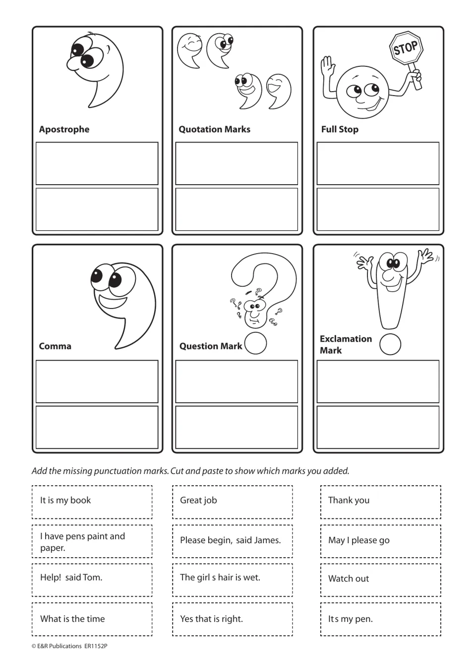 Punctuation sorting activity: add missing marks to 12 sentence strips, then sort them into six named categories.