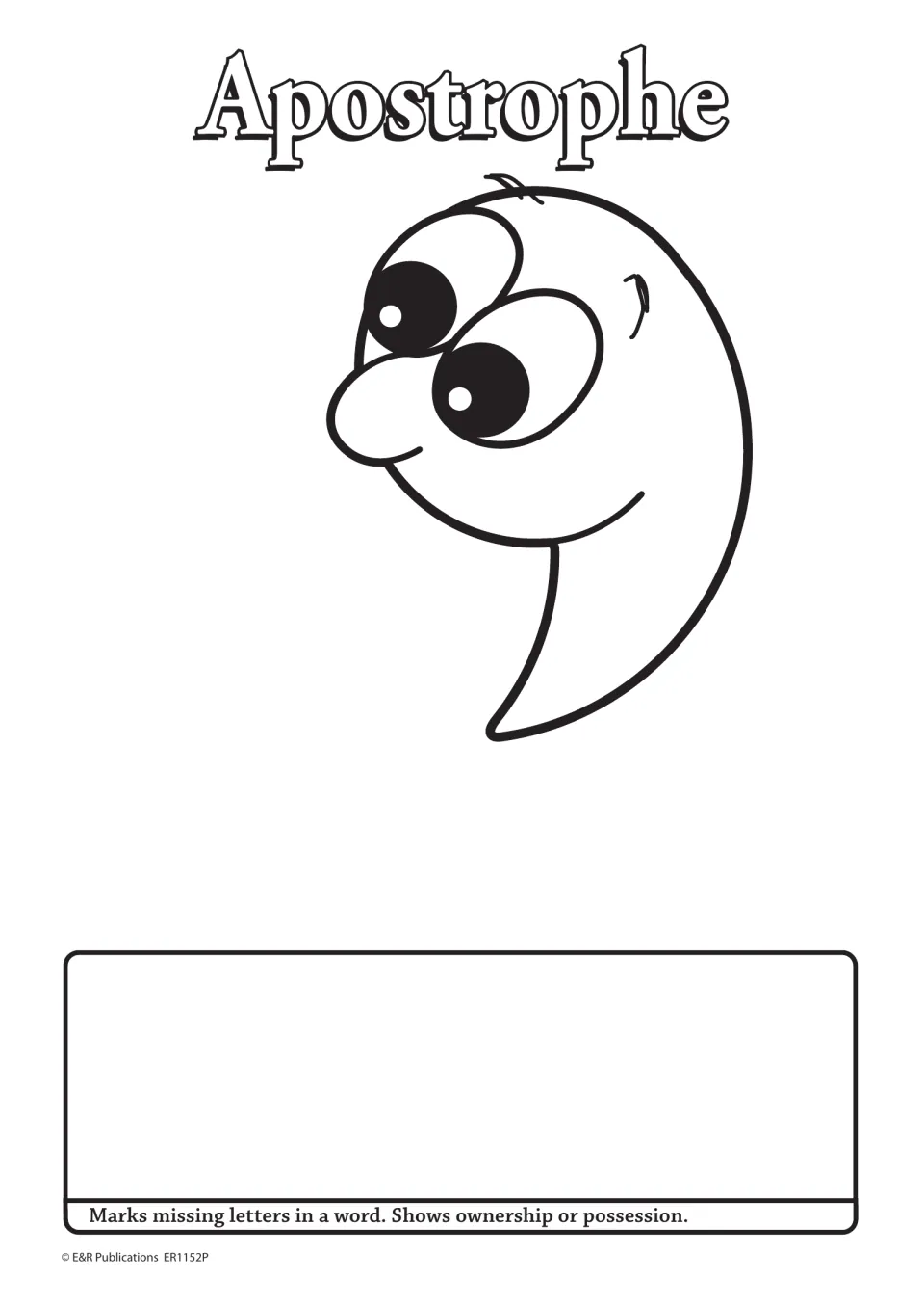Apostrophe poster from the punctuation set: a symbol to color and a definition covering missing letters and ownership.