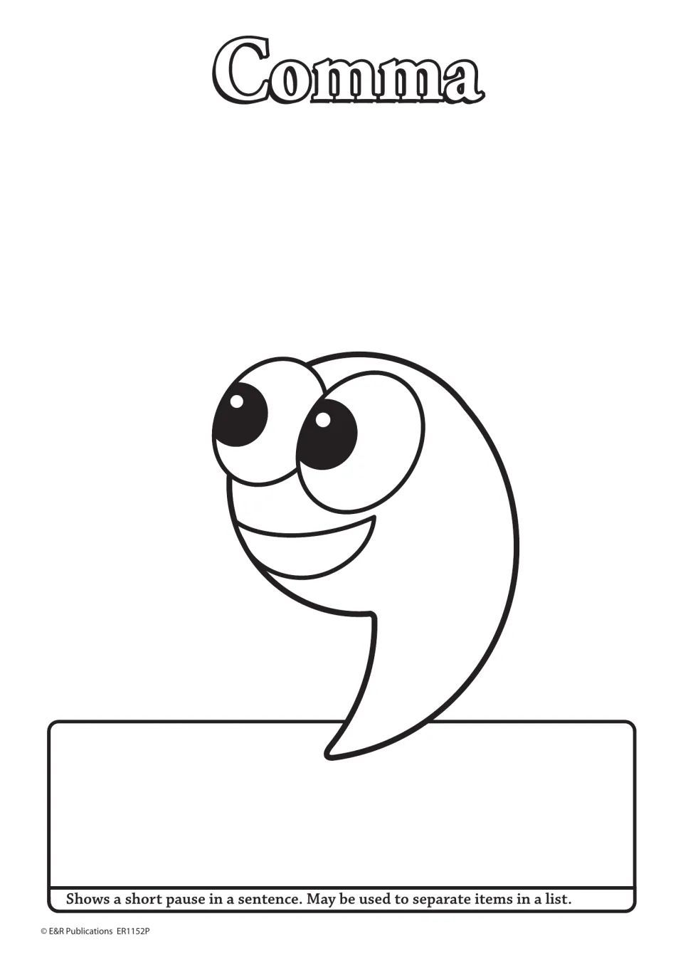 Comma poster from the punctuation set: a symbol to color and a definition about short pauses and separating list items.