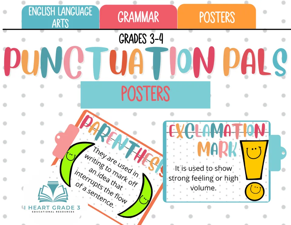 Cover for Punctuation Pals posters for grades 3–4, showing parentheses and exclamation mark samples