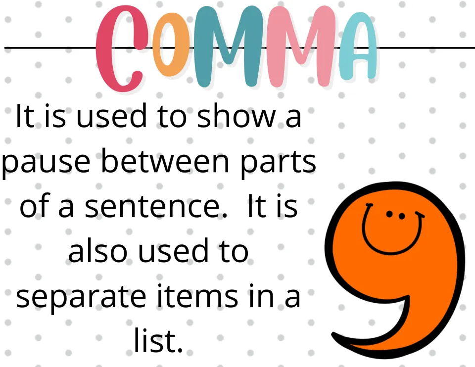 Comma reference poster explains pauses between parts of a sentence and separating items in a list