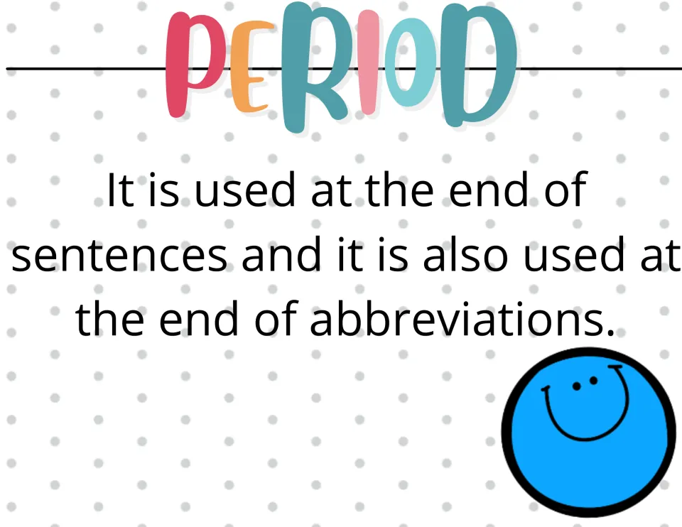 Period reference poster states that this punctuation is used at the end of sentences and abbreviations