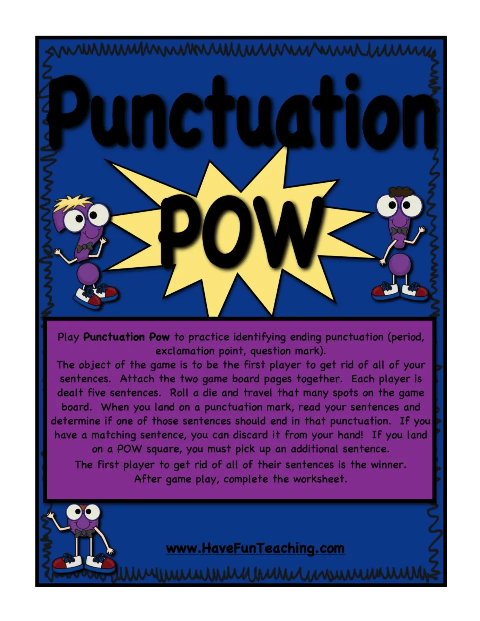 Punctuation Pow Activity cover and rules: match sentences to ending punctuation and discard all cards to win