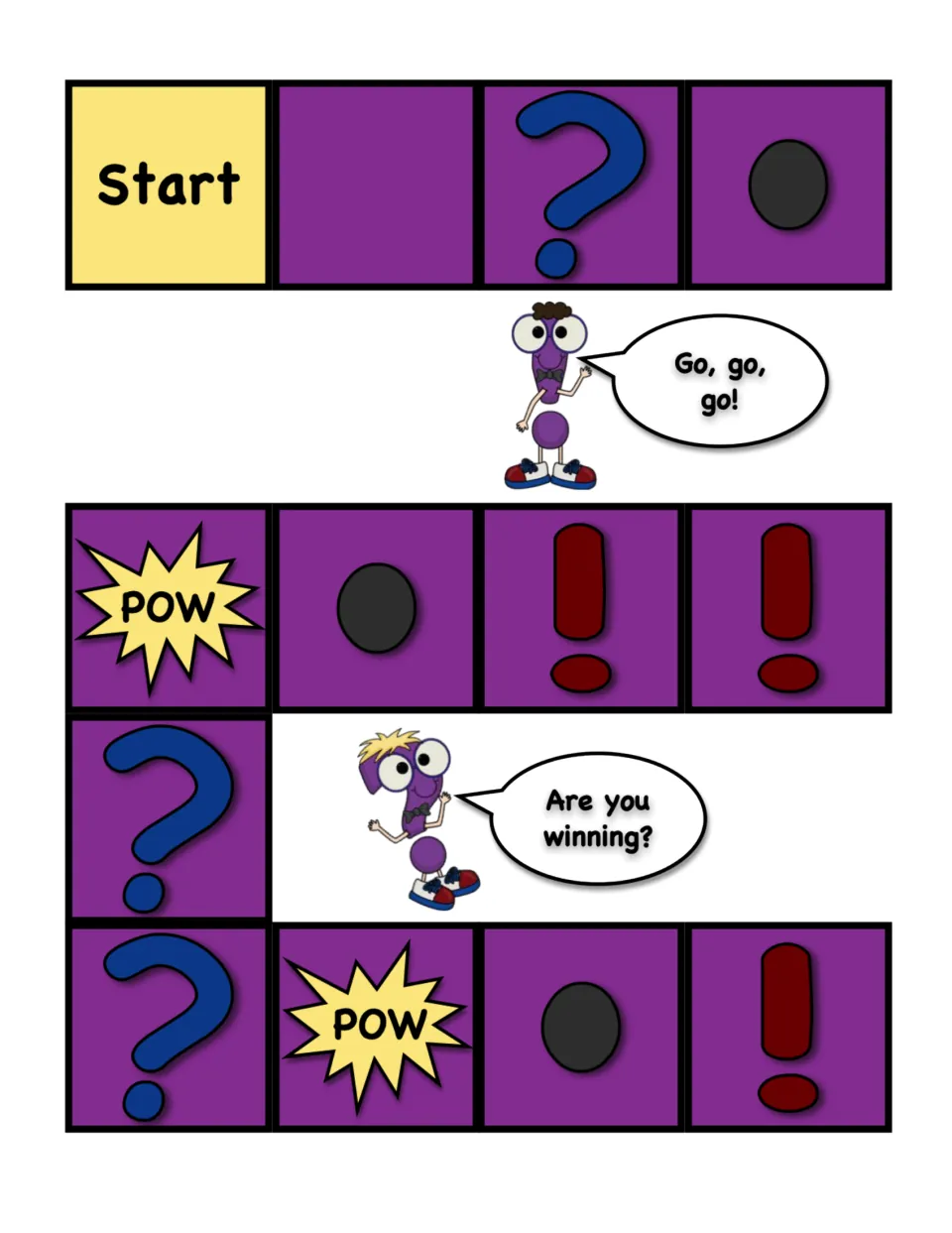 First half of the punctuation game board: Start, question marks, periods, exclamation points, and POW spaces