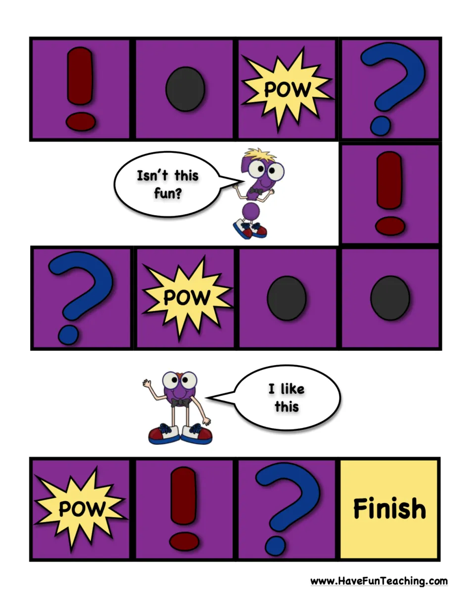 Second half of the punctuation game board: question marks, periods, exclamation points, POW spaces, and Finish