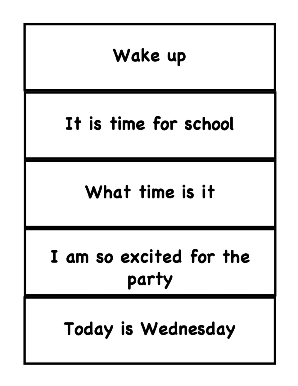 Sentence cards 1–5 for ending punctuation: 'Wake up', 'It is time for school', 'What time is it', and two more