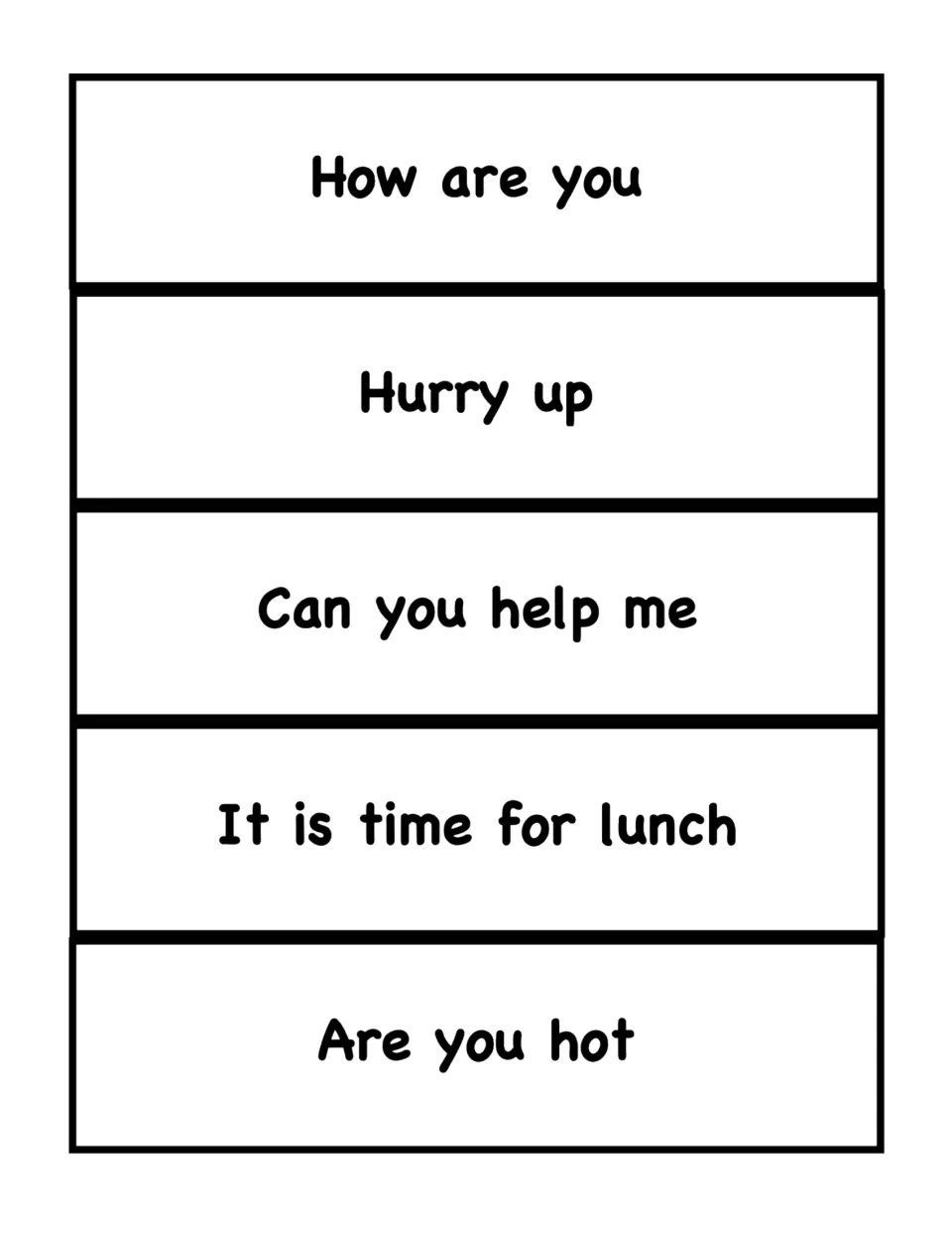 Sentence cards 6–10 for ending punctuation: 'How are you', 'Hurry up', 'Can you help me', and two more